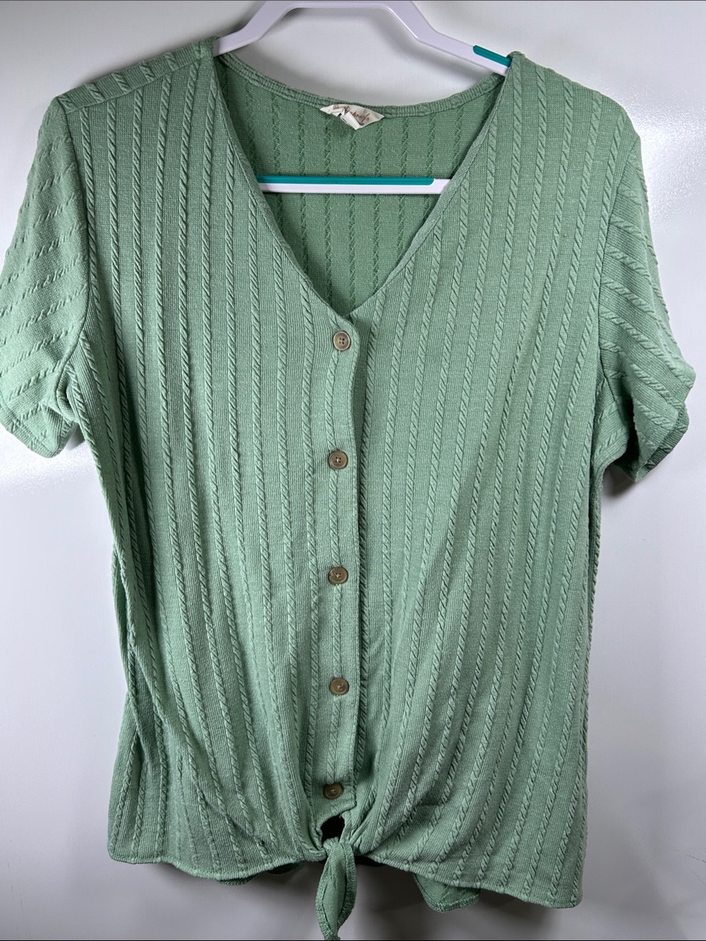Weatherproof Sage Green V-Neck Button-Front Tie-Hem Top